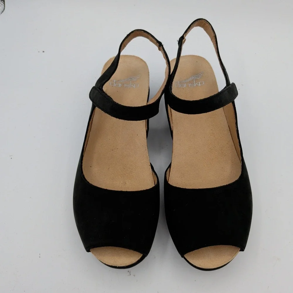 Dansko Marcy Womens 37 Black Leather Peep Toe Wedge Sandals Hook Loop Strap